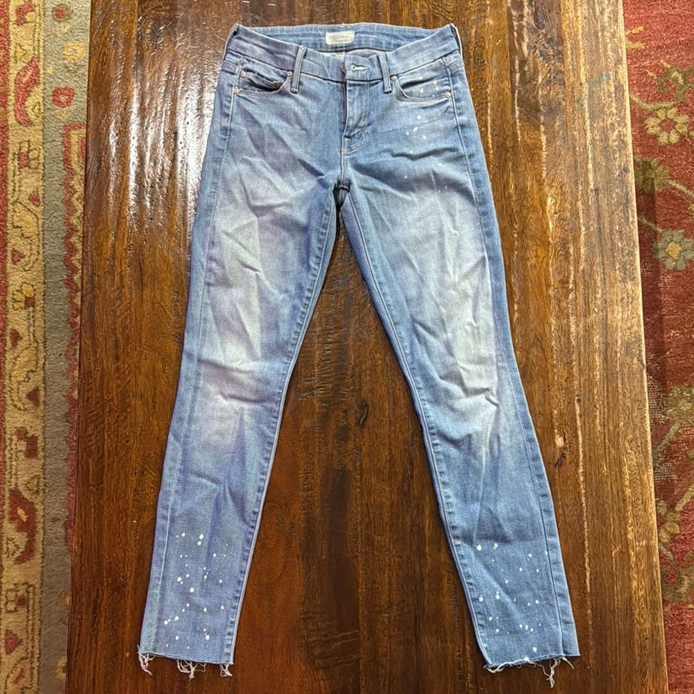 MOTHER Light Blue Paint-Splatter Ankle Crop Jeans